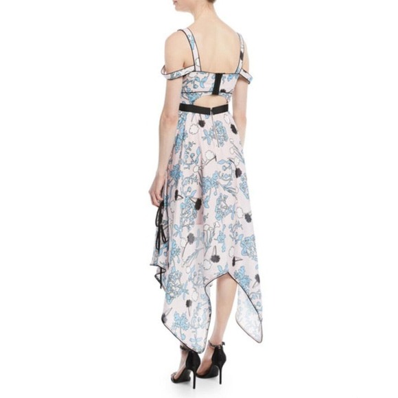 $405 Self Portrait Asymmetric Pink Floral Print Midi A Line Dress Size 10 NWT - Picture 3 of 16